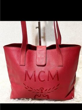 MCM Red Leather Embossed Logo Tote